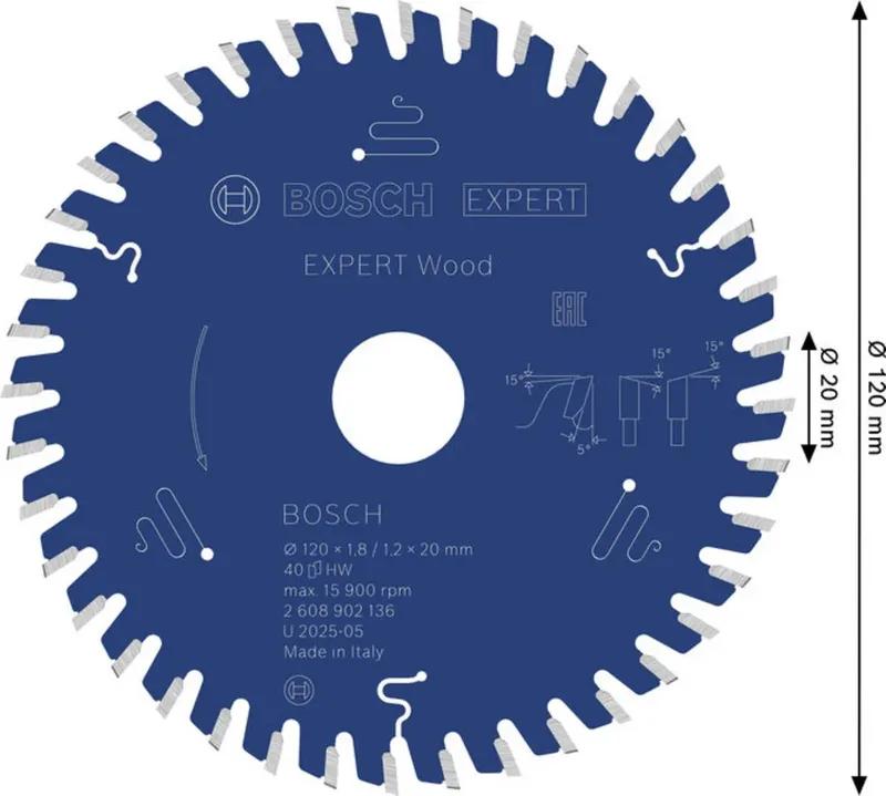 Bosch Accessories 2608902136 2608902136 Lame de scie circulaire 120 x 20.0 x 1.2 mm Nombre de dents: 40 1 pc(s) de Bosch Professional – image du produit 2 sur 2