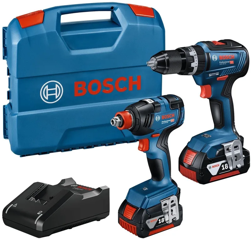 BOSCH BLAUW COMBOPACK GSB 18V-55 ACCU SCHROEF-KLOPBOORMACHINE + GDX 18V-200 SLAG(MOER)SCHROEVENDRAAIER | 2 X 4.0AH ACCU'S + LADER - 06019J2208 de Bosch Professional – image du produit