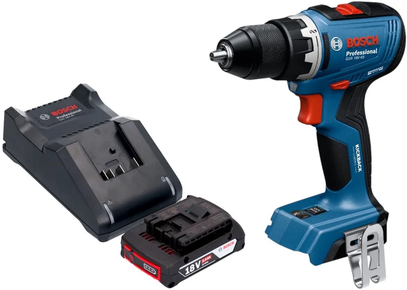 Bosch GSR 18V-65 professionele accuschroefboormachine 18 V 63 Nm borstelloos + 1x oplaadbare accu 2.0 Ah + lader by Bosch Professional – product image