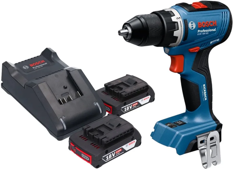Bosch GSR 18V-65 Profi-accuboormachine 18 V 63 Nm borstelloos + 2x accu 2.0 Ah + lader från Bosch Professional – produktbild