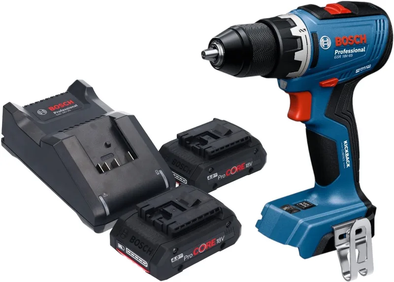Bosch GSR 18V-65 Profi-accuboormachine 18 V 63 Nm borstelloos + 2x ProCORE accu 4.0 Ah + lader de Bosch Professional – image du produit