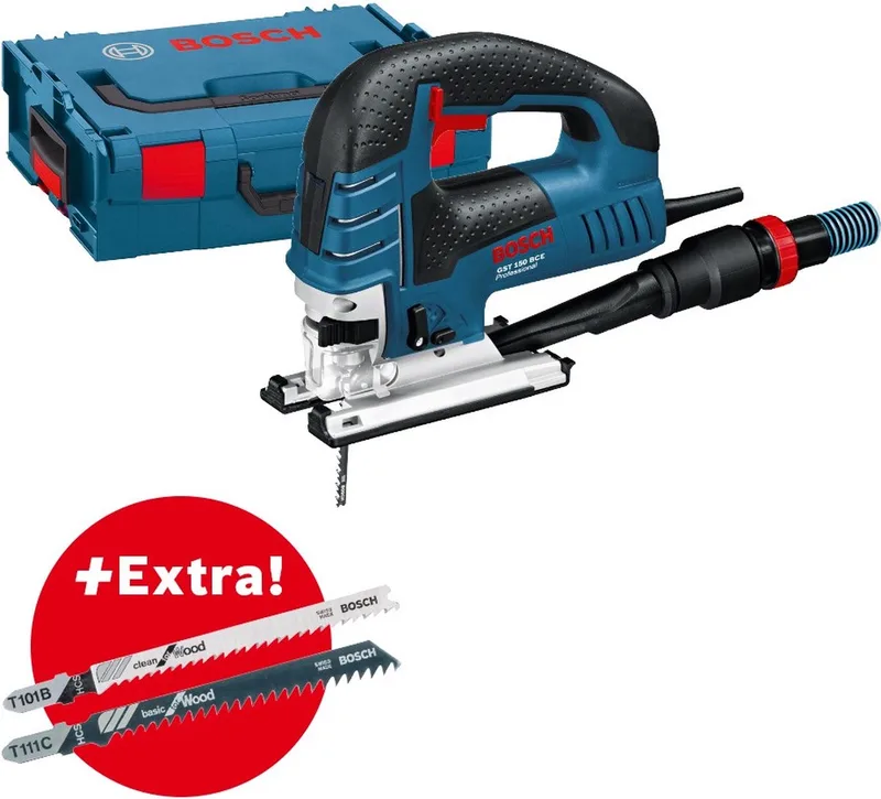 Decoupeerzaagmachine GST 150 BCE (25 x Clean for Wood zaagbladen, 5 x Basic for Wood zaagbladen, 1 x zaagblad T 144 D, afdekkap, antisplinterplaatje, glijvoet en zuigmondstuk) by Bosch Professional – product image