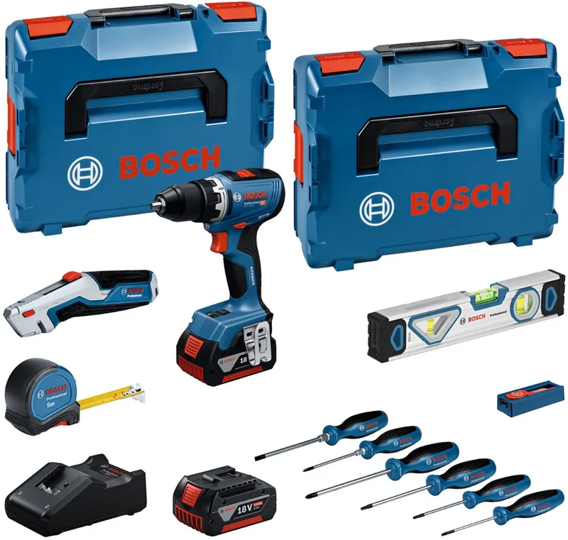 Bosch Werkzeug-Set: GSR 18V-65 + 2 x Akku + 19-tlg. Handwerkzeug-Set in L-BOXX von Bosch Professional – Produktbild