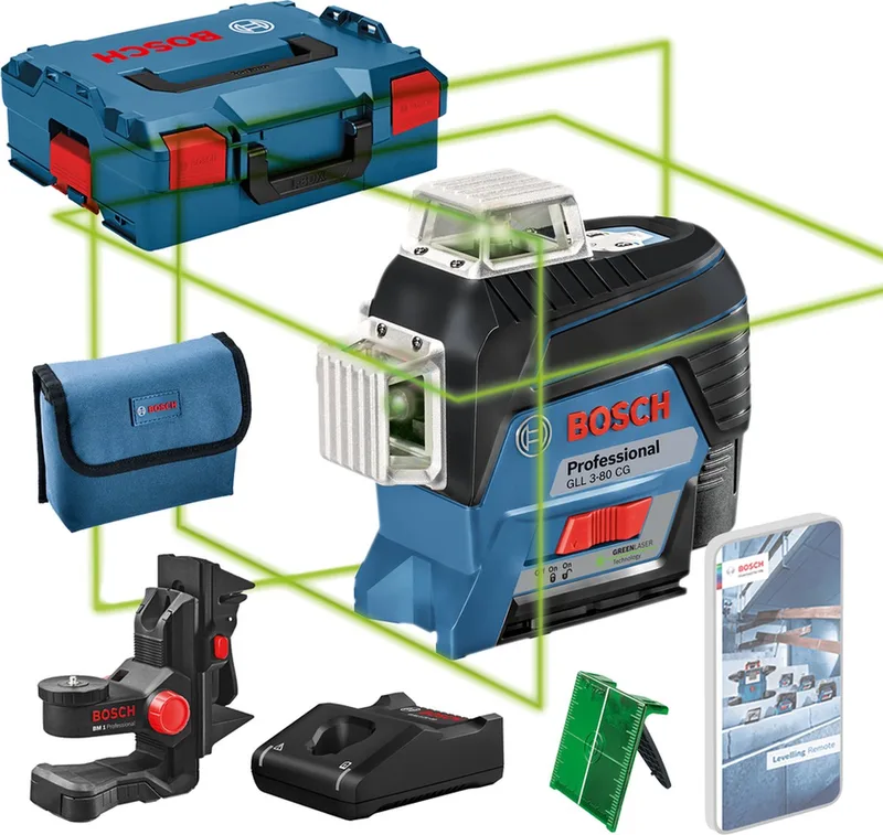 GLL 3-80 CG - 360° Kruislijnlaser - Inclusief 12V accu - Snel-lader - Laserrichtbord - Universele houder - Tas - Koffer von Bosch Professional, Blau – Produktbild