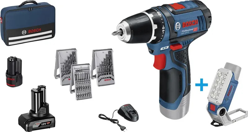 GSR 12V-15 + GLI DeciLED Accu-schroefboormachine 12 V 2 Ah, 4 Ah Li-ion Incl. acculamp, Incl. 2 accus, Incl. accessoires, Incl. tas by Bosch Professional – product image