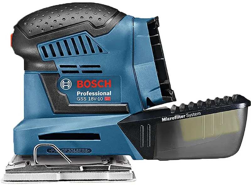 GSS 18V-10 - Accu vlakschuurmachine - Exclusief Accu en Lader - Inclusief 3x voetplaat met schuurplateau - 3x schuurblad van Bosch Professional – productafbeelding 4 van 5