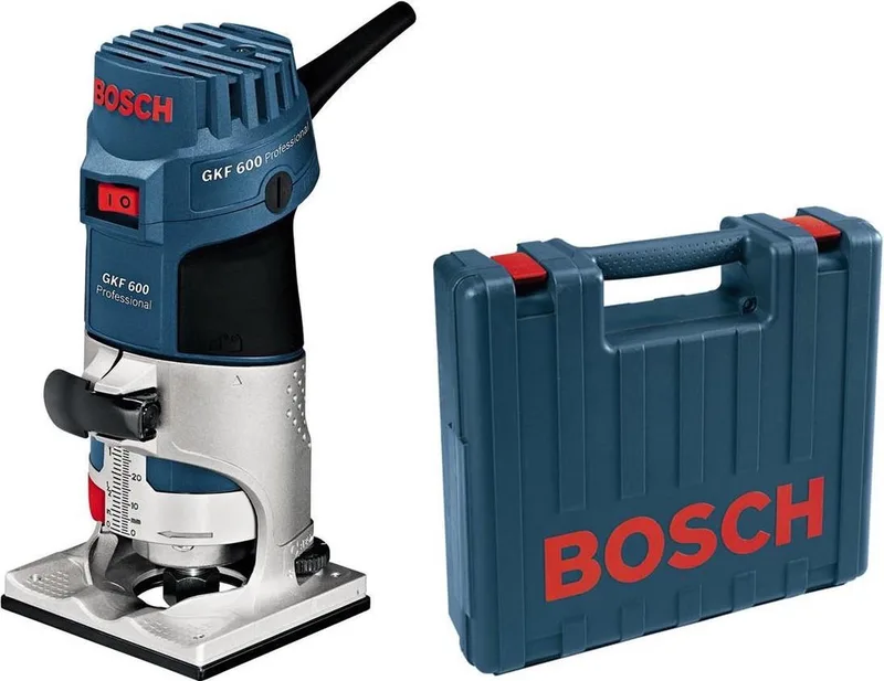 Kantenfreesmachine GKF 600 (Geleidingshulp, parallelgeleider, spantang met wartelmoer 6 mm, spantang met wartelmoer 8 mm, Steeksleutel 17 mm) van Bosch Professional, Blauw – productafbeelding 1 van 5