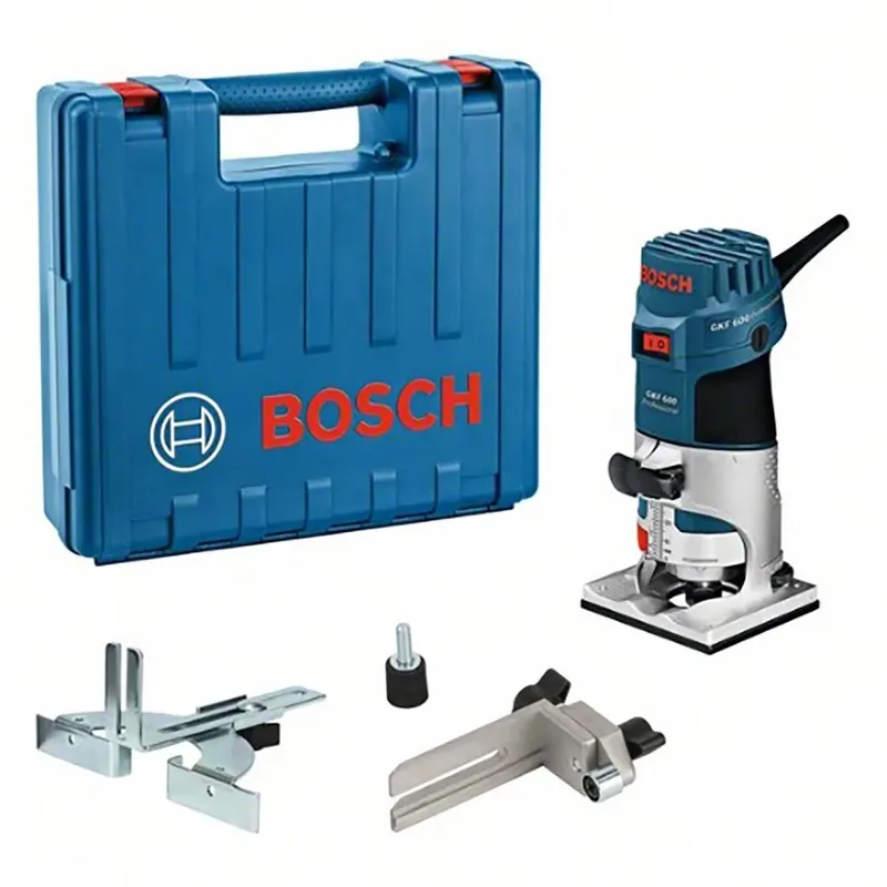 Kantenfreesmachine GKF 600 (Geleidingshulp, parallelgeleider, spantang met wartelmoer 6 mm, spantang met wartelmoer 8 mm, Steeksleutel 17 mm) van Bosch Professional, Blauw – productafbeelding 2 van 5
