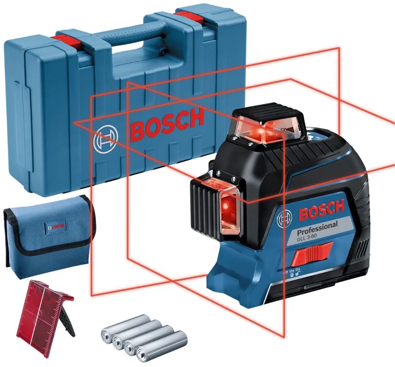 Lijnlaser GLL 3-80 4 x AA batterijen + richtplaat + etui by Bosch Professional, Kleurloos – product image 1 of 4