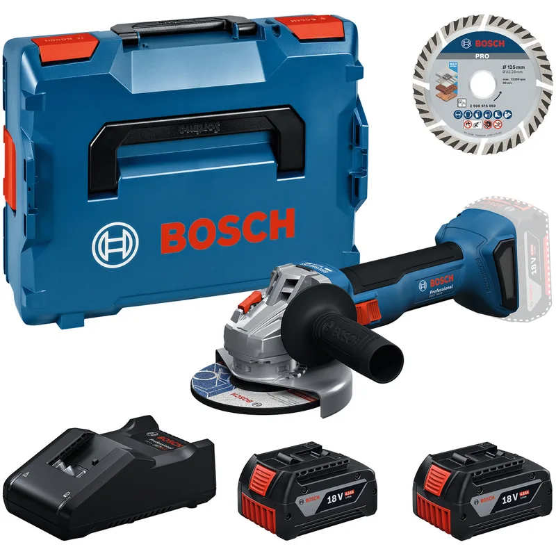 Werkzeug-Set Akku Winkelschleifer mit 2 Akkus 4.0 Amperestunden und Trennscheibe 125 mm in L-BOXX von Bosch Professional – Produktbild