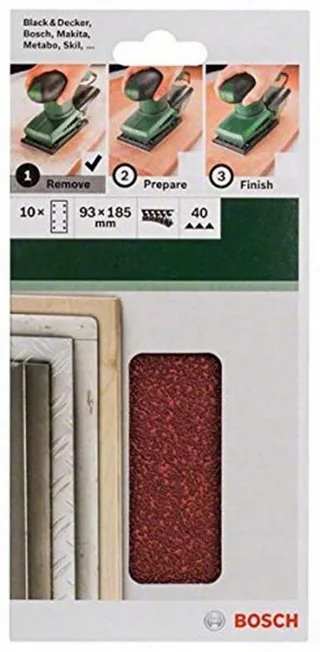 Schleifpapier Schleifblatt Klett 10 x, 93 x 185 mm, Körnung 40 für Schwingschleifer de Bosch Professional – image du produit 2 sur 2