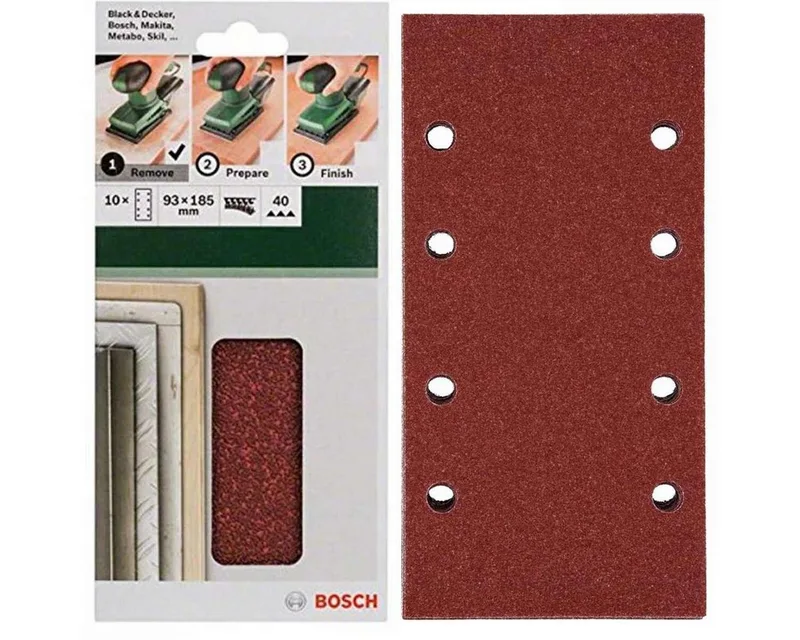 Schleifpapier Schleifblatt Klett 10 x, 93 x 185 mm, Körnung 40 für Schwingschleifer de Bosch Professional – image du produit 1 sur 2