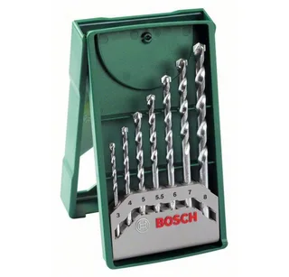 Spiralbohrer Mini-X-Line Steinbohrer-Set, 7-teilig, (7 Steinbohrer, Ø 3/4/5/5,5/6/7/8 mmVerpackung: Kunststoffdose mit Haftetikett mit EurolochAbmessung (lxbxh): 160 x 83 x 21Gewicht: 0,14 kg), Stein-Spiralbohrer-Set von Bosch Home & Garden – Produktbild 1 von 2
