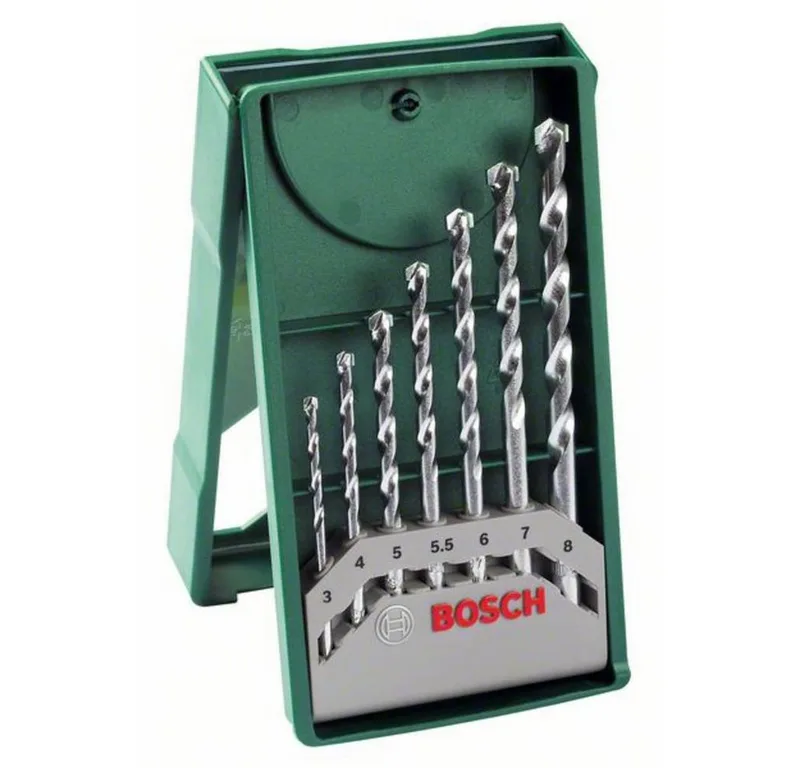 Spiralbohrer Mini-X-Line Steinbohrer-Set, 7-teilig, (7 Steinbohrer, Ø 3/4/5/5,5/6/7/8 mmVerpackung: Kunststoffdose mit Haftetikett mit EurolochAbmessung (lxbxh): 160 x 83 x 21Gewicht: 0,14 kg), Stein-Spiralbohrer-Set von Bosch Home & Garden – Produktbild 1 von 2