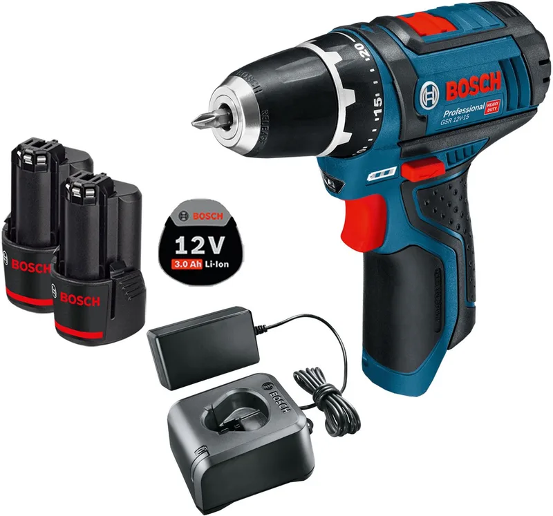 accuboormachine GSR 12V-15 / 2x 3.0 Ah accu + lader von Bosch Professional – Produktbild