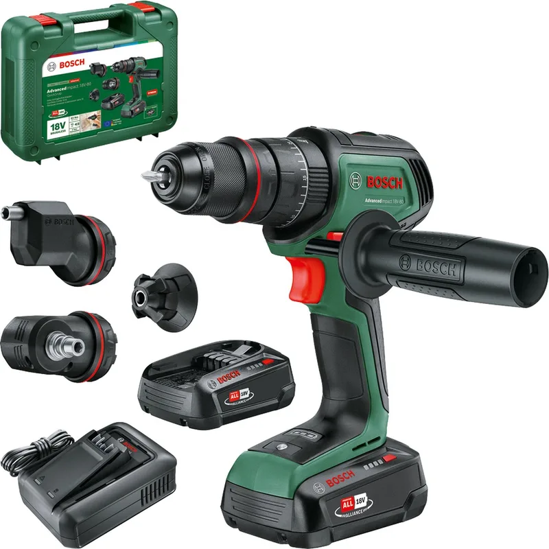 AdvancedImpact 18V-80 QuickSnap - Accuklopboorschroevendraaier - Inclusief Magnetische schroefhouder, excenteropzetstuk, haakse opzetstuk, 13 mm boorhouder, schroefbit - 2x 18V Li-Ion (2.5 Ah) accu, 45-min lader by Bosch Home & Garden – product image 1 of 5