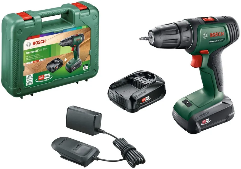 Akku-Schrauber Universaldrill 18V, 1450 U/min, 40 Nm, mit 2 Akkus und Ladegerät von Bosch Home & Garden, Grün – Produktbild 1 von 5