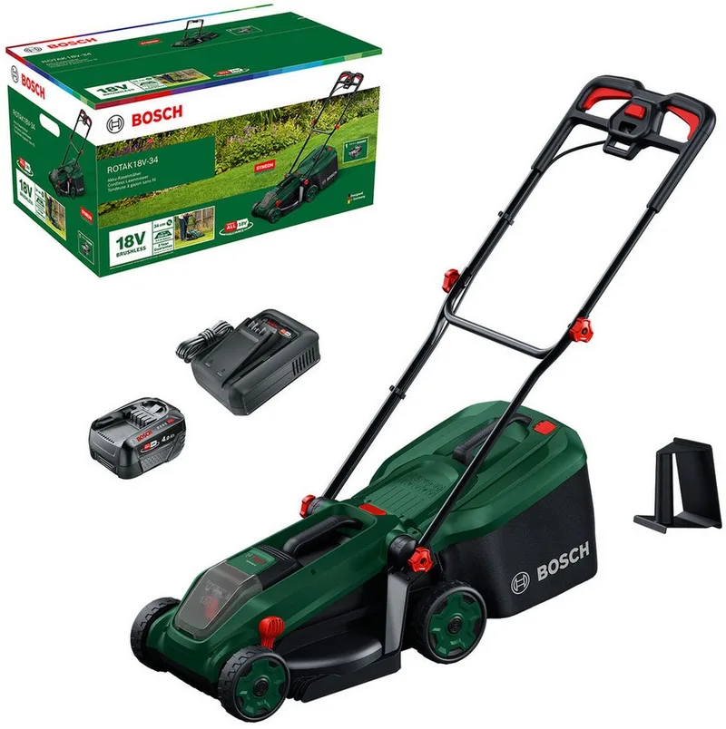 Akkurasenmäher ROTAK18V-34, 34 cm Schnittbreite, (inkl. Akku und Ladegerät), Kraftvoller 3-in-1-Mäher für kleine bis mittelgroße Rasenflächen fra Bosch Home & Garden – produktbillede 1 af 5