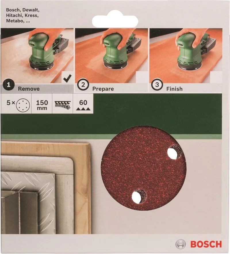 Bosch Accessories 2609256A30 Excenter slibepapir med burrebånd, perforeret Kornstørrelse 60 (Ø) 150 mm 5 stk von Bosch Professional – Produktbild