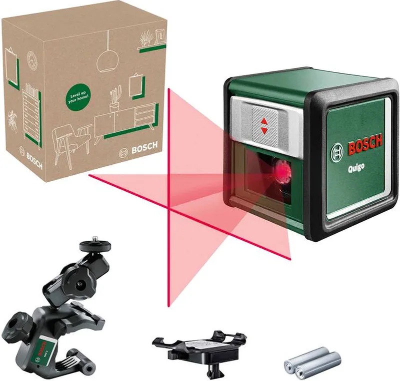 Kruislijnlaser Quigo llI (Alkaline (2x LR03/AAA), universele klem MM 2 en adapter plaat) fra Bosch Home & Garden – produktbillede
