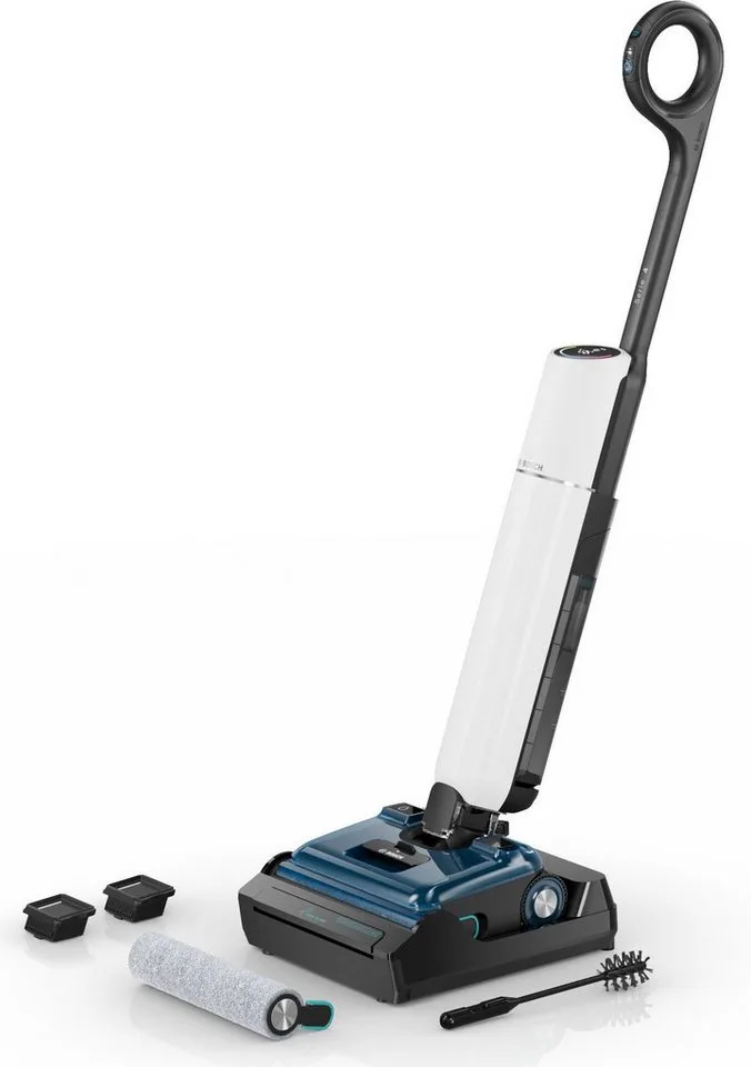 Nass-Trocken-Sauger OneFlow Serie 4 BHF41WM, Selbstreinigung, 24.000 PA Saugkraft, 250 W, beutellos, Anti-Haarverwicklung, LED-Licht, Schnelltrocknung, 40 min Akku / 150m² von Bosch Home & Garden, Weiß – Produktbild