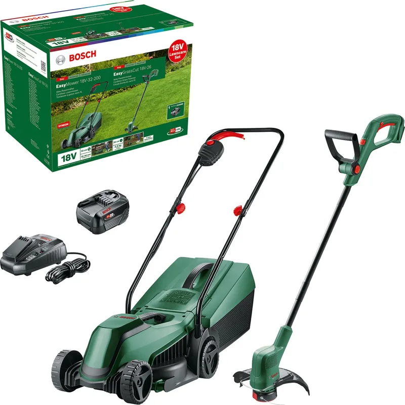 Tuinapparatuur - 18V ACCU-grasmaaier en grastrimmer set, 1x 4.0 Ah Li-Ion accu, lader 06008B9D02 de Bosch Home & Garden – image du produit