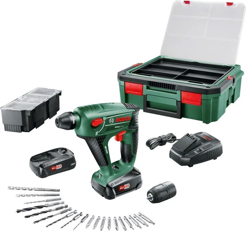 Uneo Maxx Accuboorhamer - Met 2 accu’s, oplader, 19 boren/schroeven en kunststof koffer de Bosch Home & Garden – image du produit