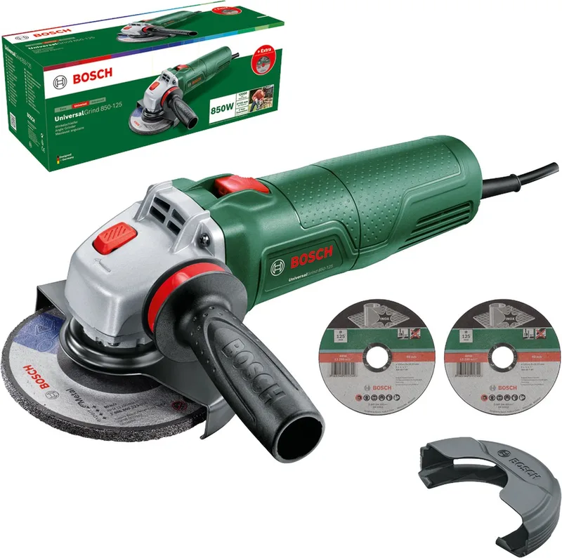 UniversalGrind 850-125 - Haakse Slijper - Inclusief Vibration Control Handgreep - Beschermkap - Clip-on Beschermkap - Slijpschijf - 2x doorslijpschijf von Bosch – Produktbild