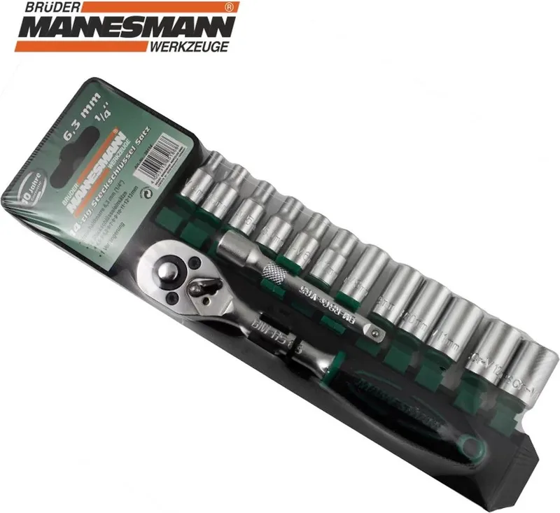 Dopsleutelset 14 delig 1/4"- 10 jaar garantie - Bitset 4, 4.5, 5, 5.5, 6, 7, 8, 9, 10, 11, 12, 13, 14 - Chrome - Vanadium Staal de Brüder Mannesmann, Vert – image du produit