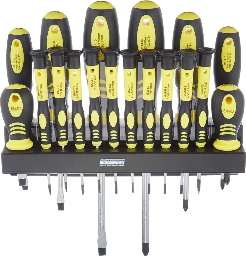 Set van 18 Schroevendraaiers in Wandhouder - Werkplaats en Precisieschroevendraaiers - Magnetische punten by Brüder Mannesmann, Yellow – product image