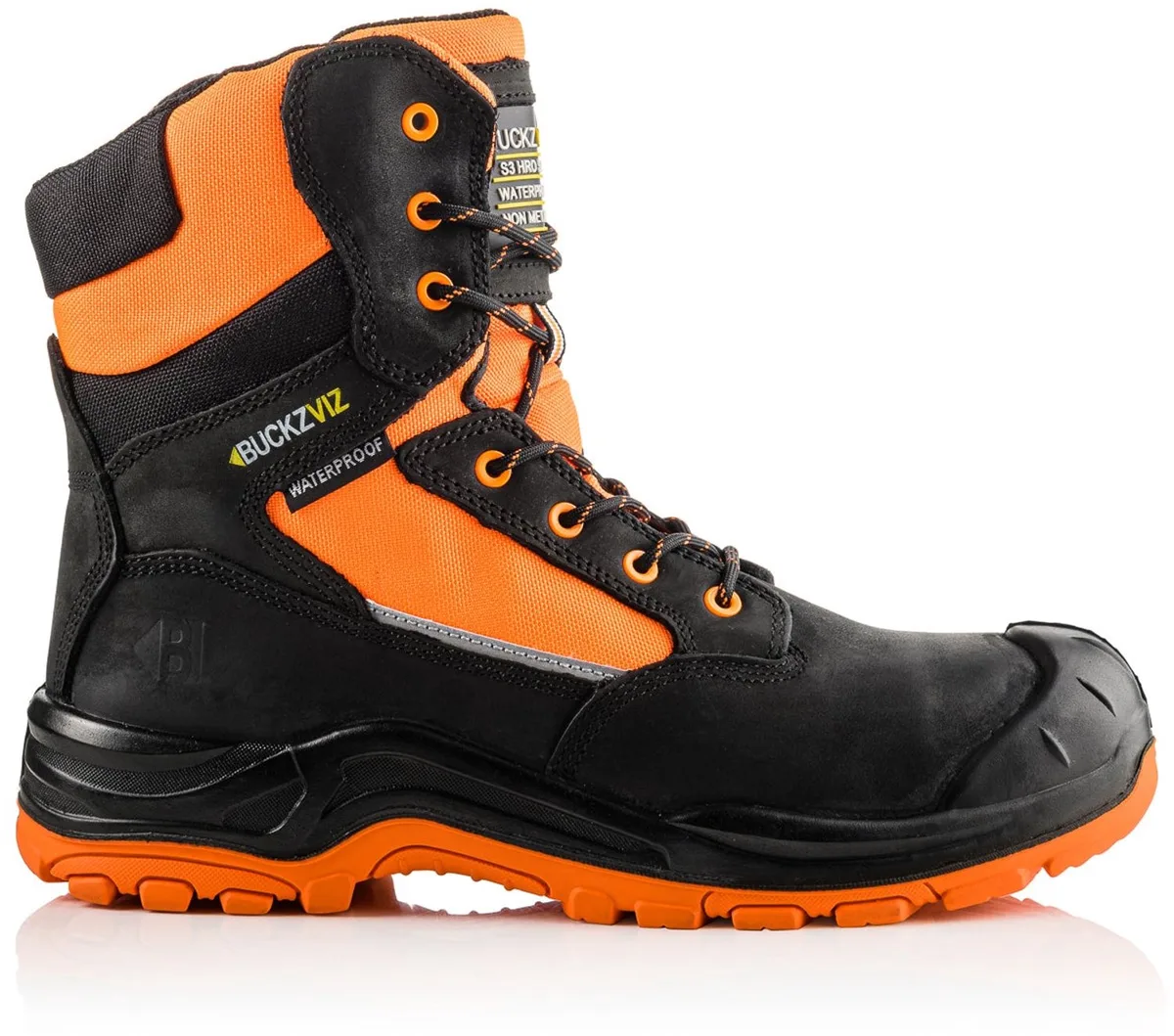 BVIZ1 OR BK Buckzviz High Leg Lace/Zip Boot | Black HI Vis Orange | Werkschoen maat van BuckBootz, Zwart, Hi-Vis Orange – productafbeelding