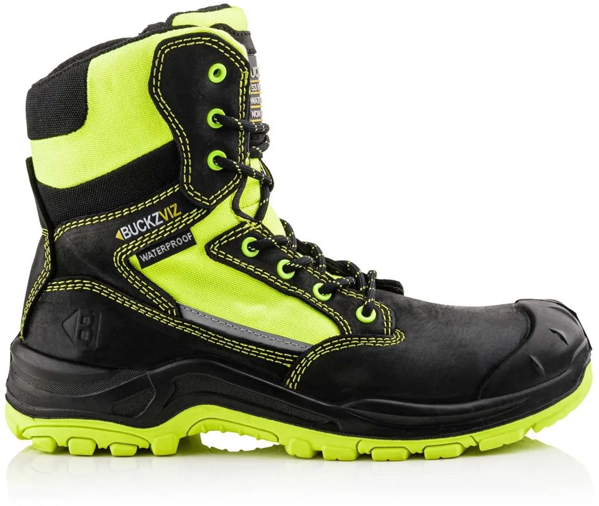 BVIZ1 YL BK Buckzviz High Leg Lace/Zip Boot | Black HI Vis Yellow | Werkschoen de BuckBootz, Noir, Hi-Vis Yellow, 40 – image du produit