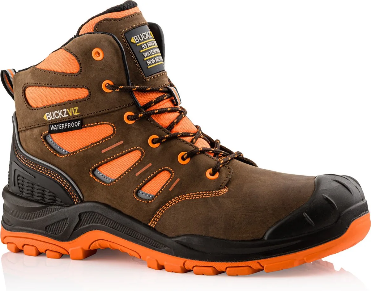 BVIZ2 OR BR Buckzviz Lace Boot | Brown HI Viz Orange | Werkschoen van BuckBootz, Zwart, Hi-Vis Brown, 41 – productafbeelding
