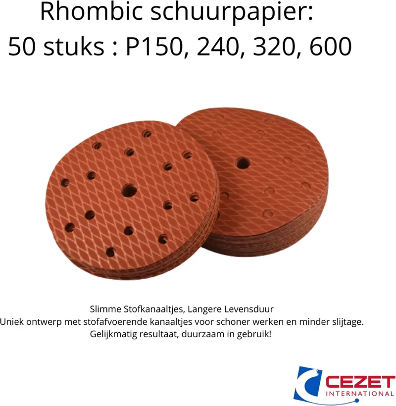 Complete Schuur- en Afplakset –4x 50disc Rhombic Schuurpapier + 4 Doekjes + masking tape, blue painters tape afplaktape - schildertape + 1400mm Masking Folie – Voor Auto & Meubelklussen von CEZET – Produktbild
