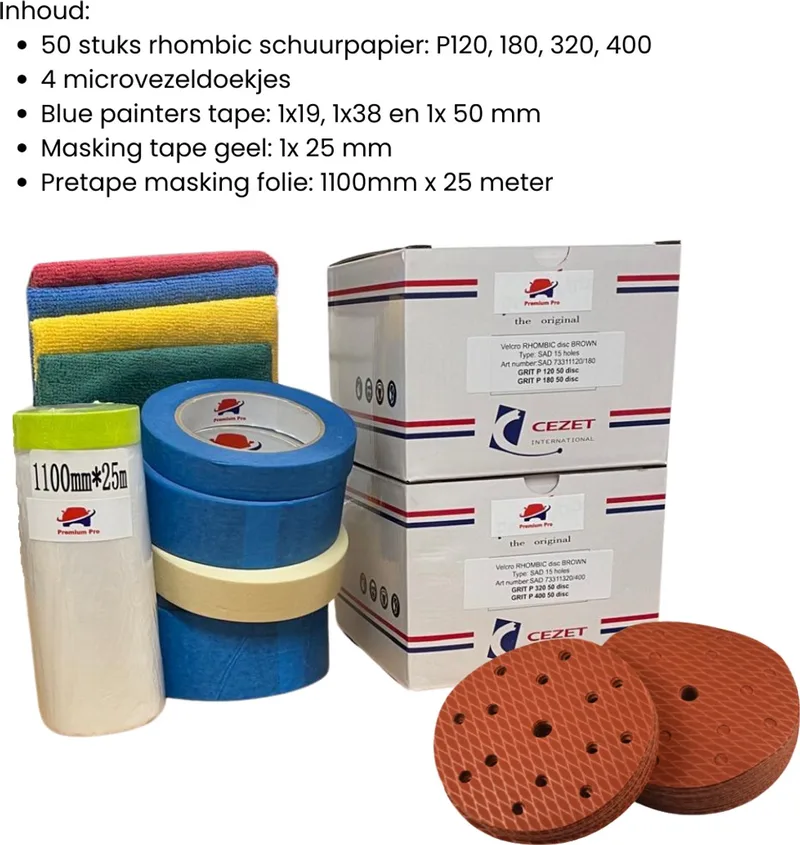Complete Schuur- en Afplakset –4x 50disc Rhombic Schuurpapier + Doekjes + Masking tape, blue painters tape - afplaktape - schildertape + Maskeerfolie – Voor Auto, Meubel en Schilderklussen de CEZET – image du produit