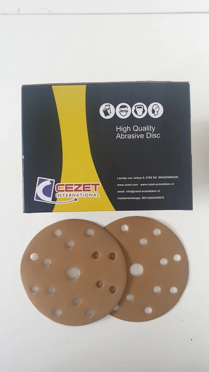 duurzame golden schuurpapier - schijf – grit/fijnheid: P 180- diameter: 150mm - 15 gaten - 100 stuks – schuren auto, boot, scooter, camper de CEZET – image du produit