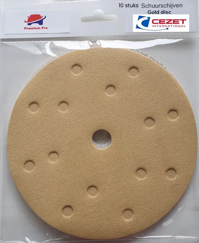 duurzame golden schuurpapier - schijf – grit/fijnheid: P 240- diameter: 150mm - 15 gaten - 10 stuks – schuren auto, boot, scooter, camper van CEZET – productafbeelding
