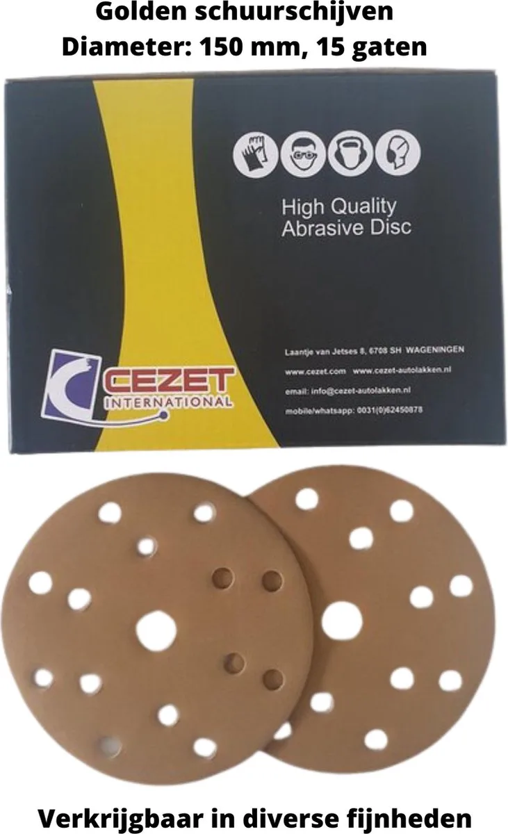 duurzame golden schuurpapier - schijf – grit/fijnheid: P 360- diameter: 150mm - 15 gaten - 100 stuks – schuren auto, boot, scooter, camper van CEZET – productafbeelding