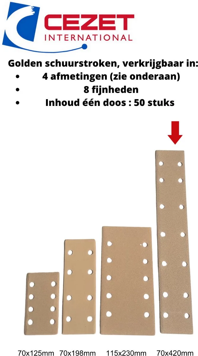 Golden schuurpapier strook - grit 120 - 70x420 mm - 14 gaten - 50 stuks - schuren auto, boot enz. van CEZET – productafbeelding