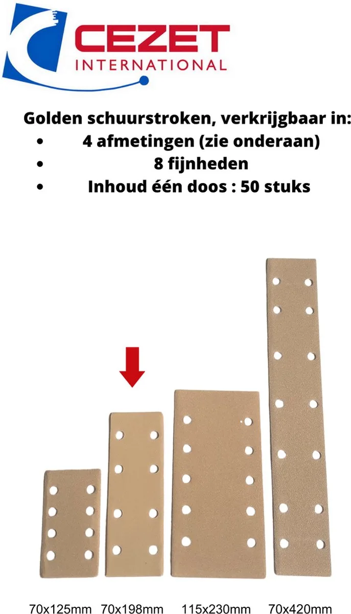 Golden schuurpapier strook - grit 180 - 70x198 mm - 8 gaten - 50 stuks - schuren auto, boot enz. von CEZET – Produktbild