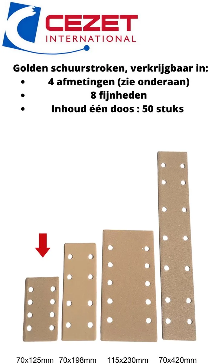 Golden schuurpapier strook - grit 240 - 70x125 mm - 8 gaten - 50 stuks - schuren auto, boot enz. van CEZET – productafbeelding