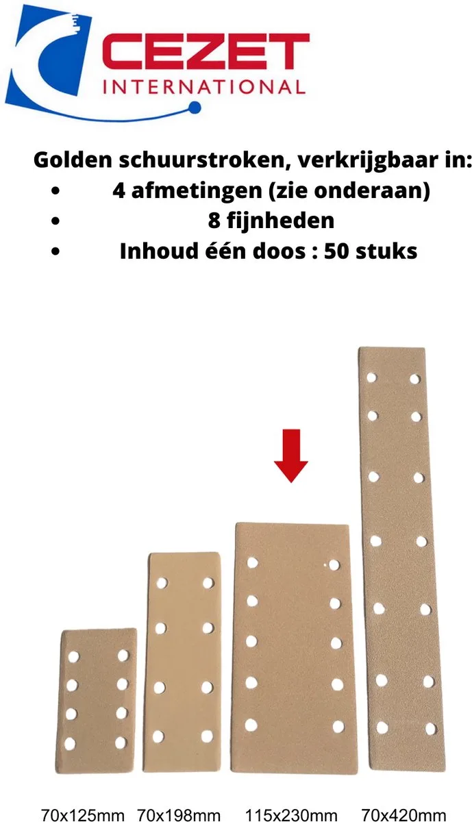 Golden schuurpapier strook - grit 280 - 115x230 mm - 10 gaten - 50 stuks - schuren auto, boot enz. van CEZET – productafbeelding