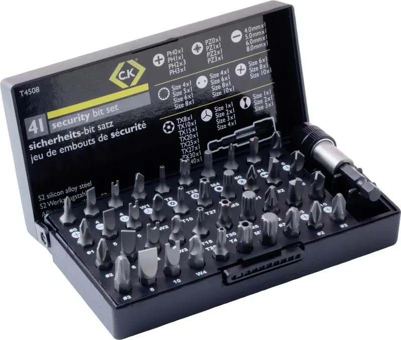 T4508 Bit-Set 41teilig Schlitz, Kreuzschlitz Phillips, Kreuzschlitz Pozidriv, Sechsrund BO, Innen-Vielzahn (XZN), Spanner, TORQ, Tri-Wing van C.K – productafbeelding