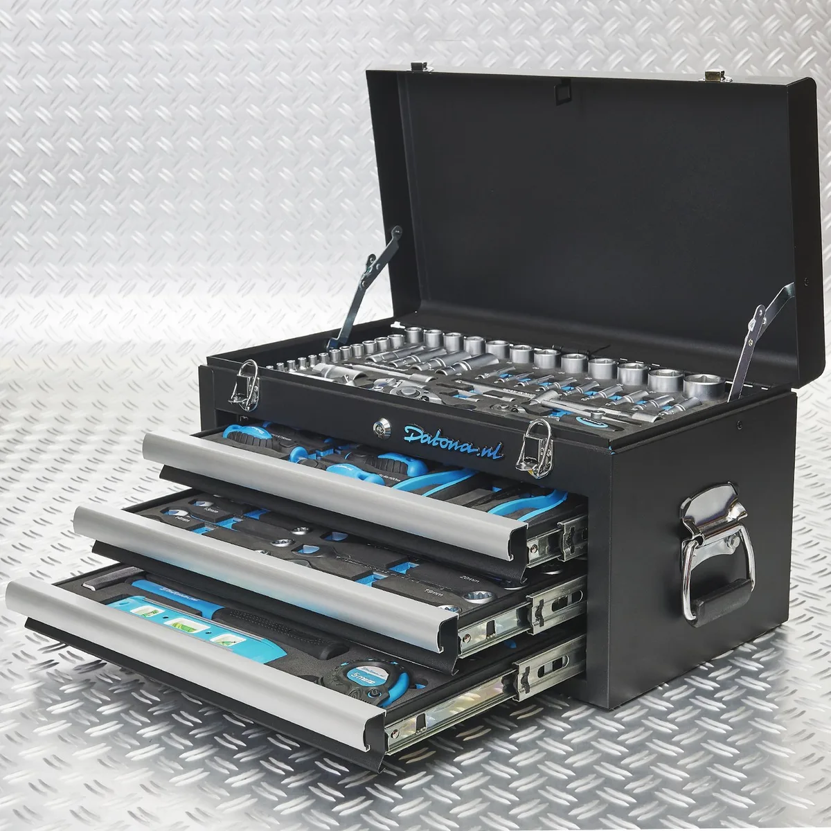 Gereedschapskist gevuld - 3-lades gereedschapskoffer - Gereedschapset met schroevendraaiers, doppen, ringsleutels en steeksleutels by Datona, Black – product image