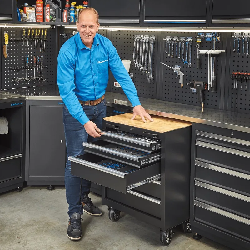 Gereedschapswagen 5 laden met houten werkblad van Datona, Zwart – productafbeelding