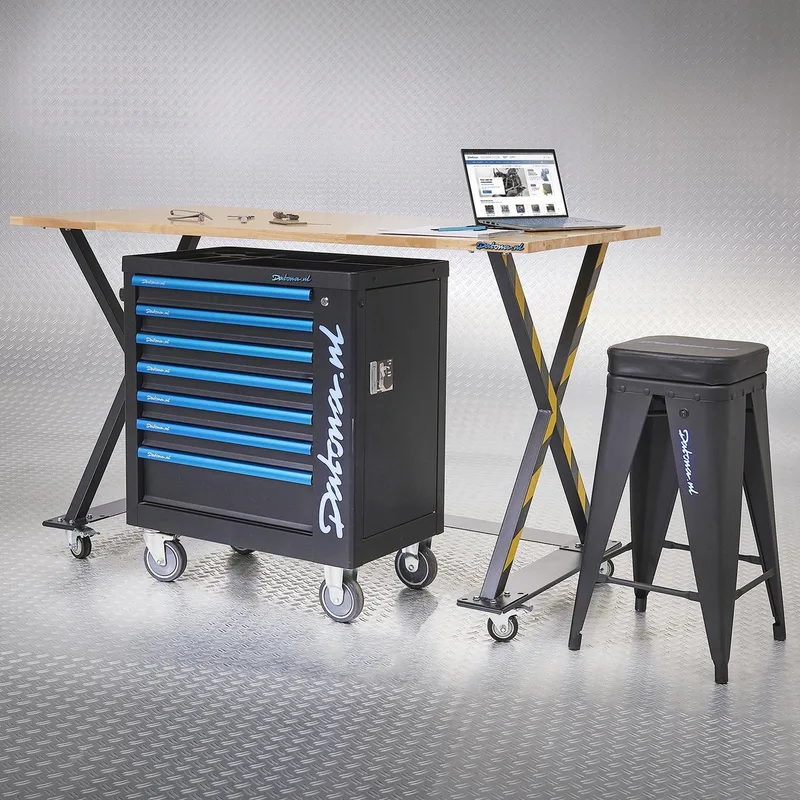 Industriële werktafel 160 cm, werkplaatskruk en gereedschapswagen by Datona – product image
