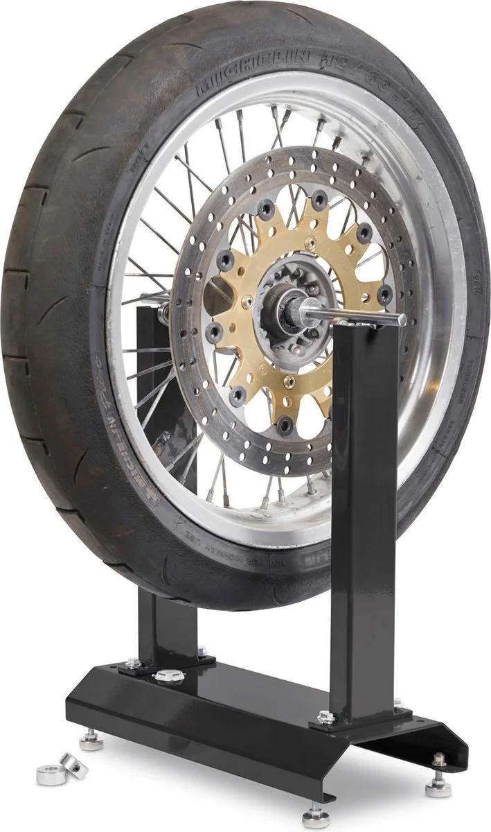 Motorbanden Balanceerapparaat - Verstelbare Poten en Waterpas - Inclusief As en Klemconussen - Voor Motorbanden 16-21 Inch de Datona, Noir – image du produit