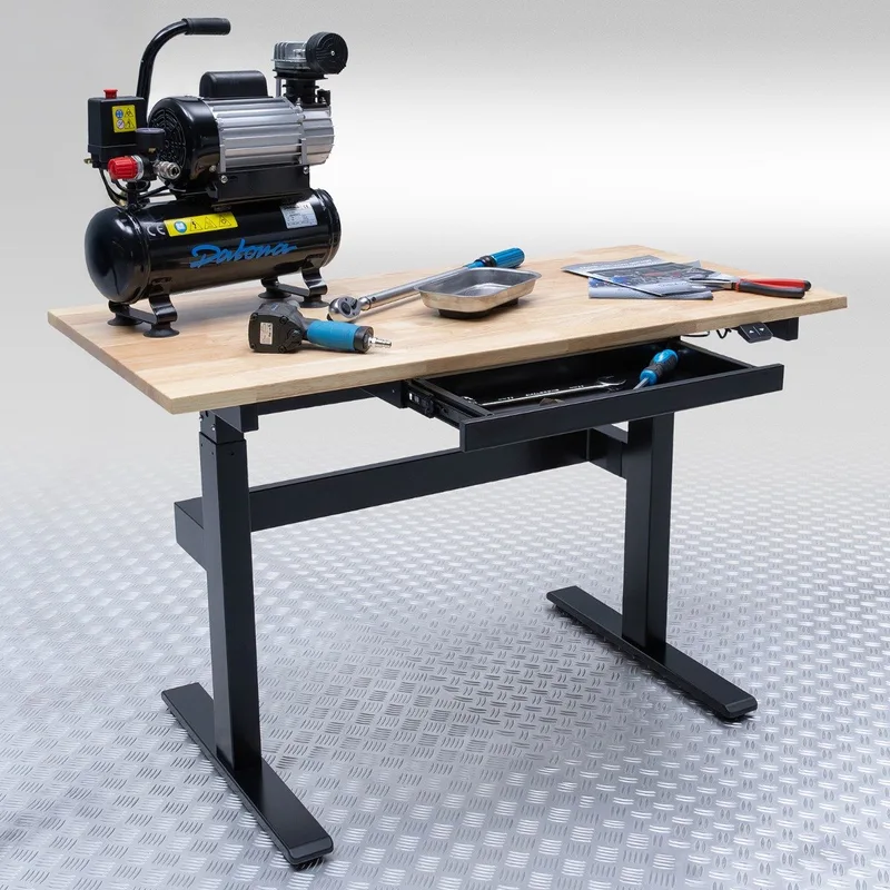Verstelbare werkbank - elektrisch in hoogte verstelbare werktafel met eiken werkblad & lade - Zwart by Datona – product image