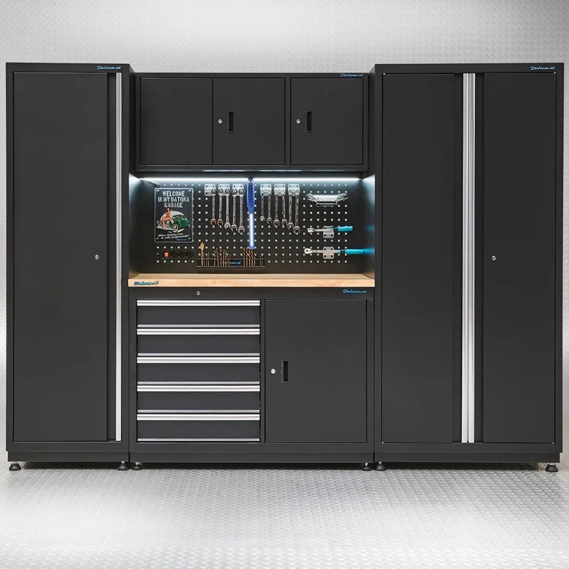 Werkbank 120 cm met gereedschapskast, smalle werkplaatskast en brede opbergkast - Zwart von Datona – Produktbild