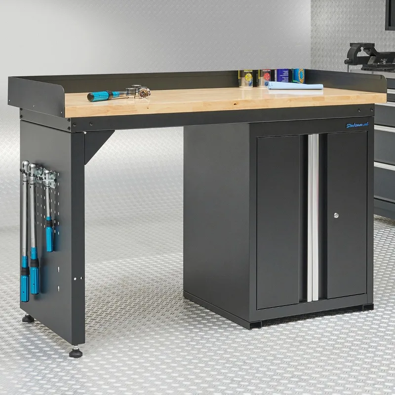 Werkbank 150 cm met gereedschapskast en bamboe werkblad - Zwart de Datona – image du produit